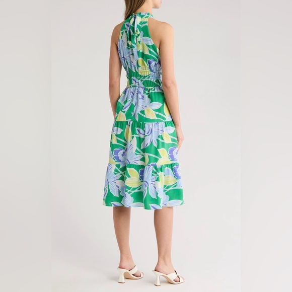 Eliza J Halter Tiered Midi Dress in Green Multi Tropical Print - Picture 2 of 3